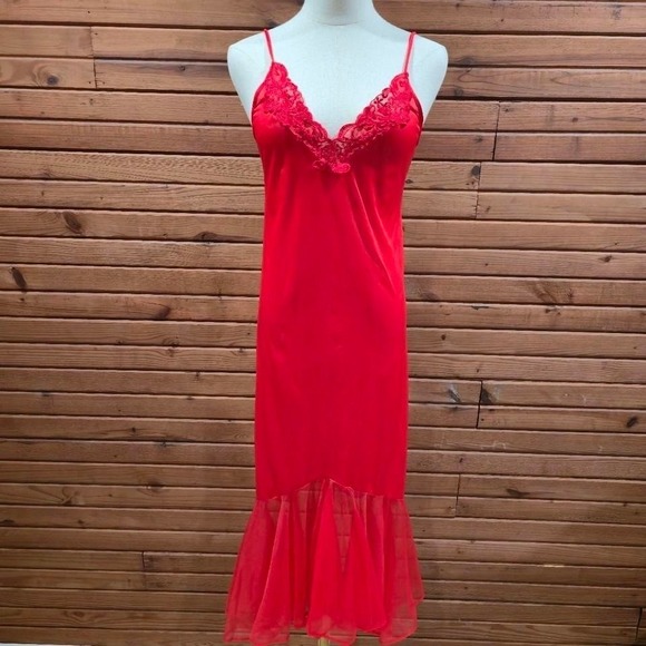 Vintage Red Satin Lace Nightgown Sheer Mesh Back Slip Dress Glam Maximalist - Picture 3 of 7